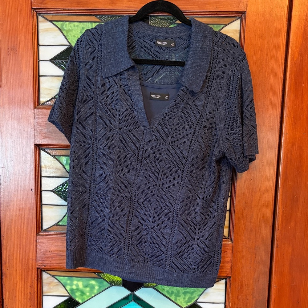 Simply Vera Vera Wang Navy Blue Openwork Knit Polo Top